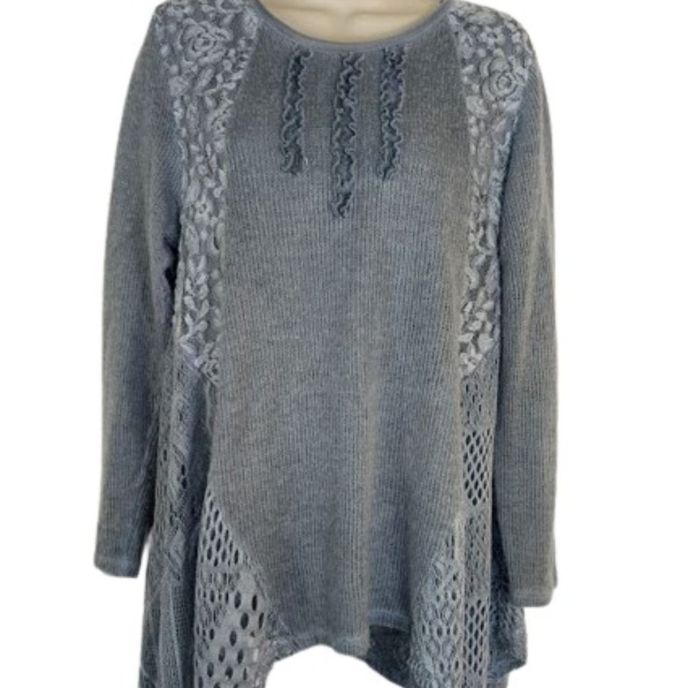 Fashion Concepts Womens Tunic Sweater Gray Ruffle Lace Sharkbite Hem Lined M